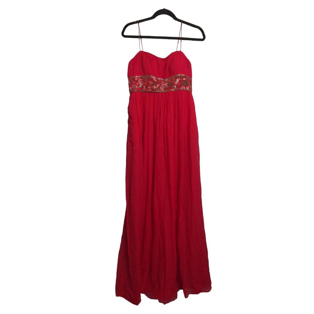 Aidan Mattox Womens Swing Dress Red Lined Maxi Off Shoulder Sleeveless Beads 6